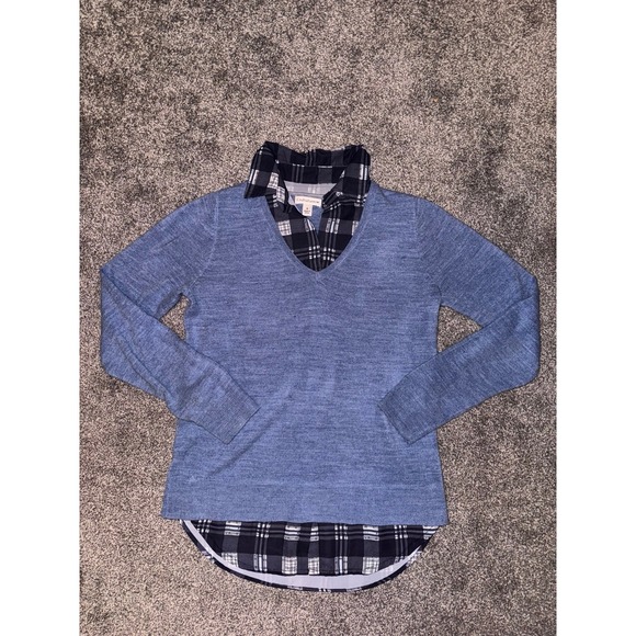 Croft & Barrow Women's Blue‎ V-Neck Sweater w/ Plaid Collared Detail/Under Layer - Picture 2 of 9